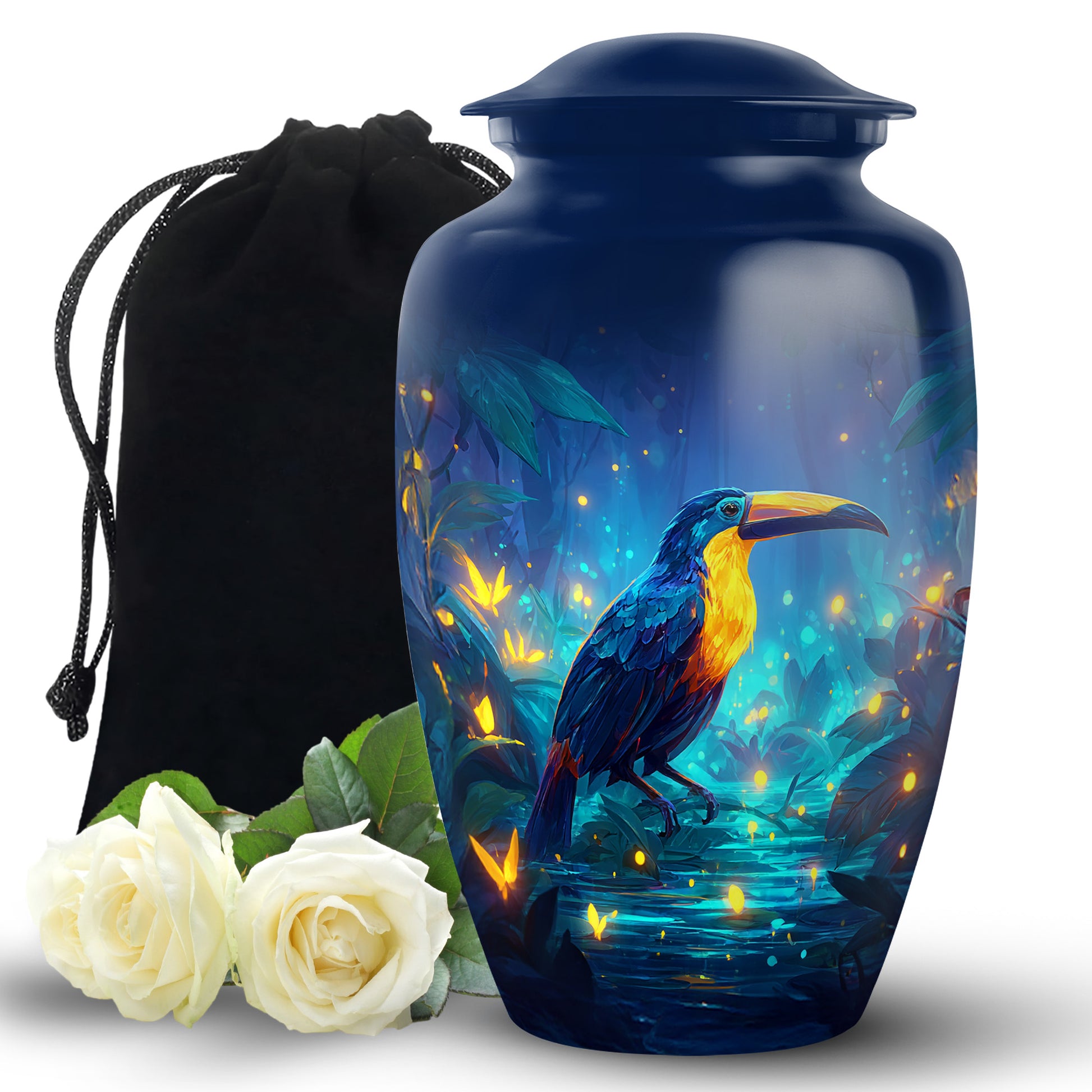 Cobalt Blue Hornbill Cremation Urn angled view of lid and engraved motif - traditional hornbill engraving with hand-polished finish - full-size 10 inch 200 cubic inch adult cremation urn