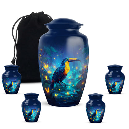Vivid Blue Hornbill Cremation Urn top-down view of secure threaded lid - traditional hornbill engraving with hand-polished finish - memorial set with one large and four small urns