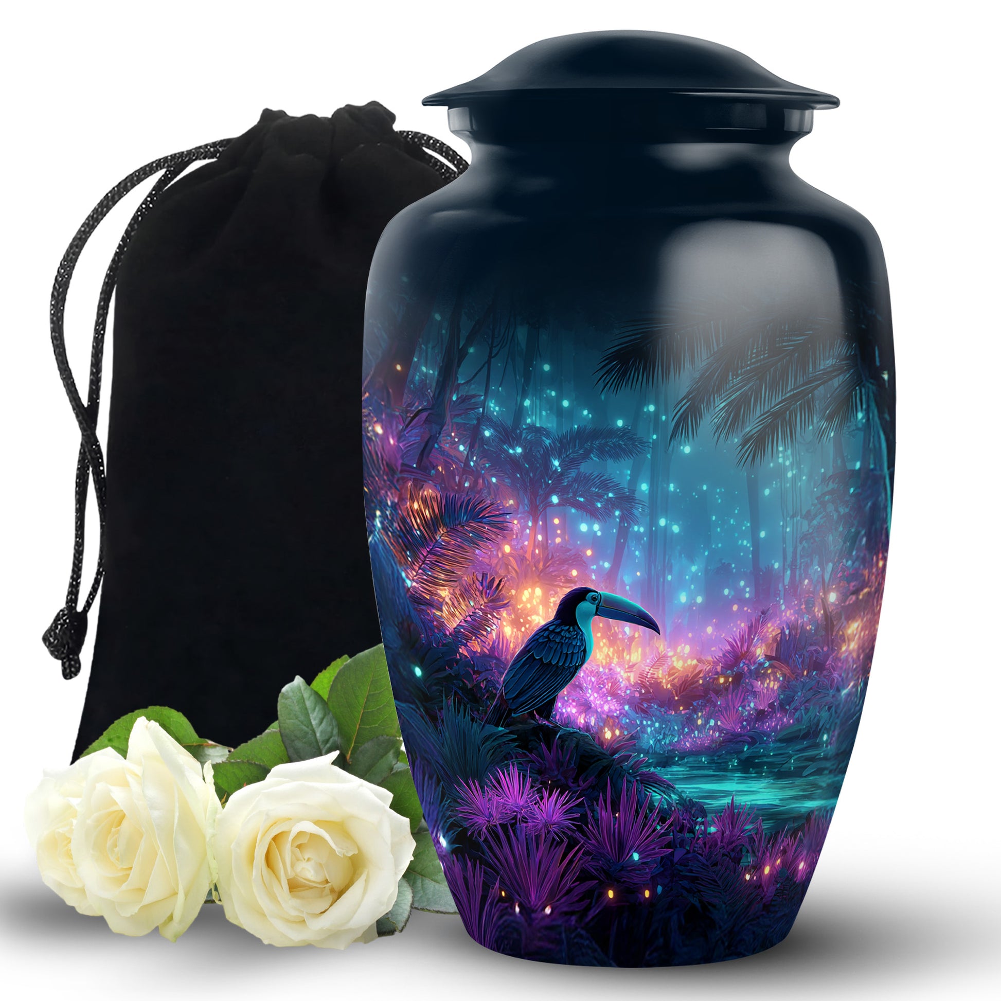 Soft Blue Hornbill Cremation Urn angled view of lid and engraved motif - elegant classic hornbill relief with fine detailing - full-size 10 inch 200 cubic inch adult cremation urn