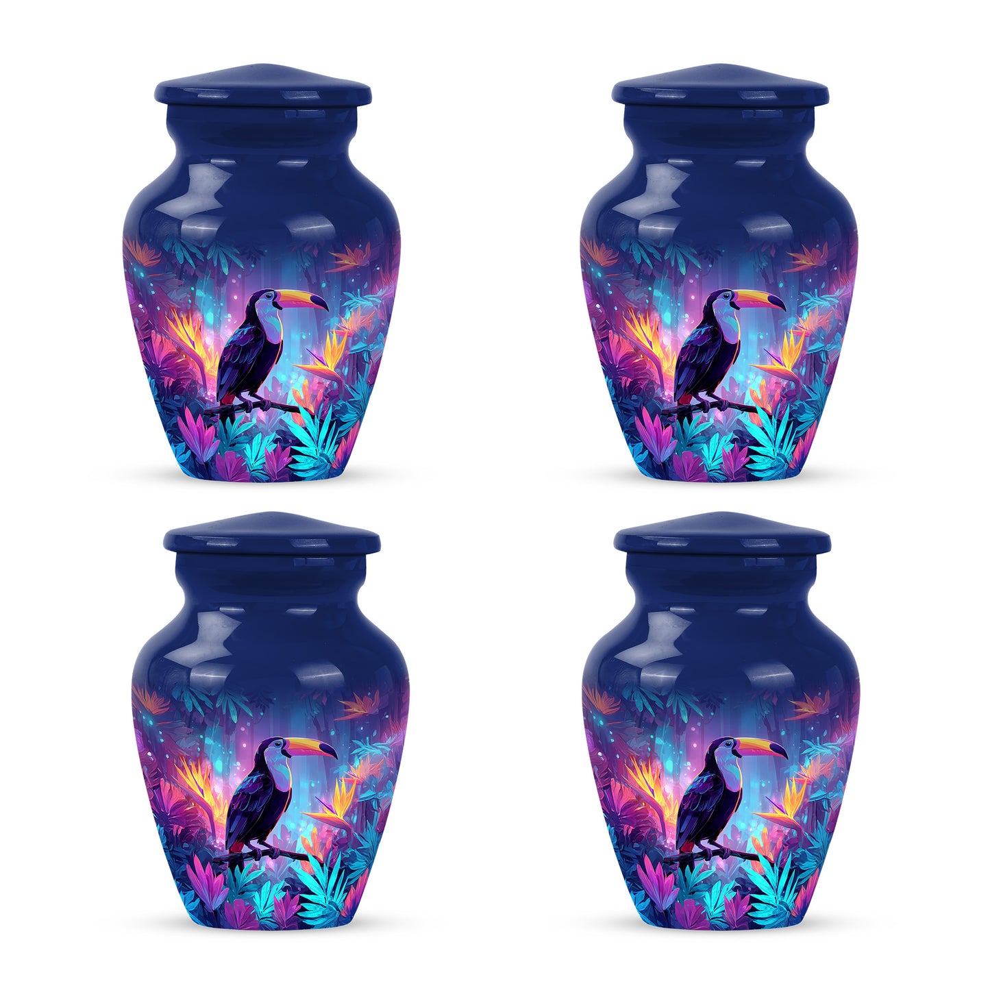 Navy Blue Hornbill Cremation Urn side profile showing urn shape - timeless hornbill motif etched into premium metal - 10 inch aluminum urn for cremated remains