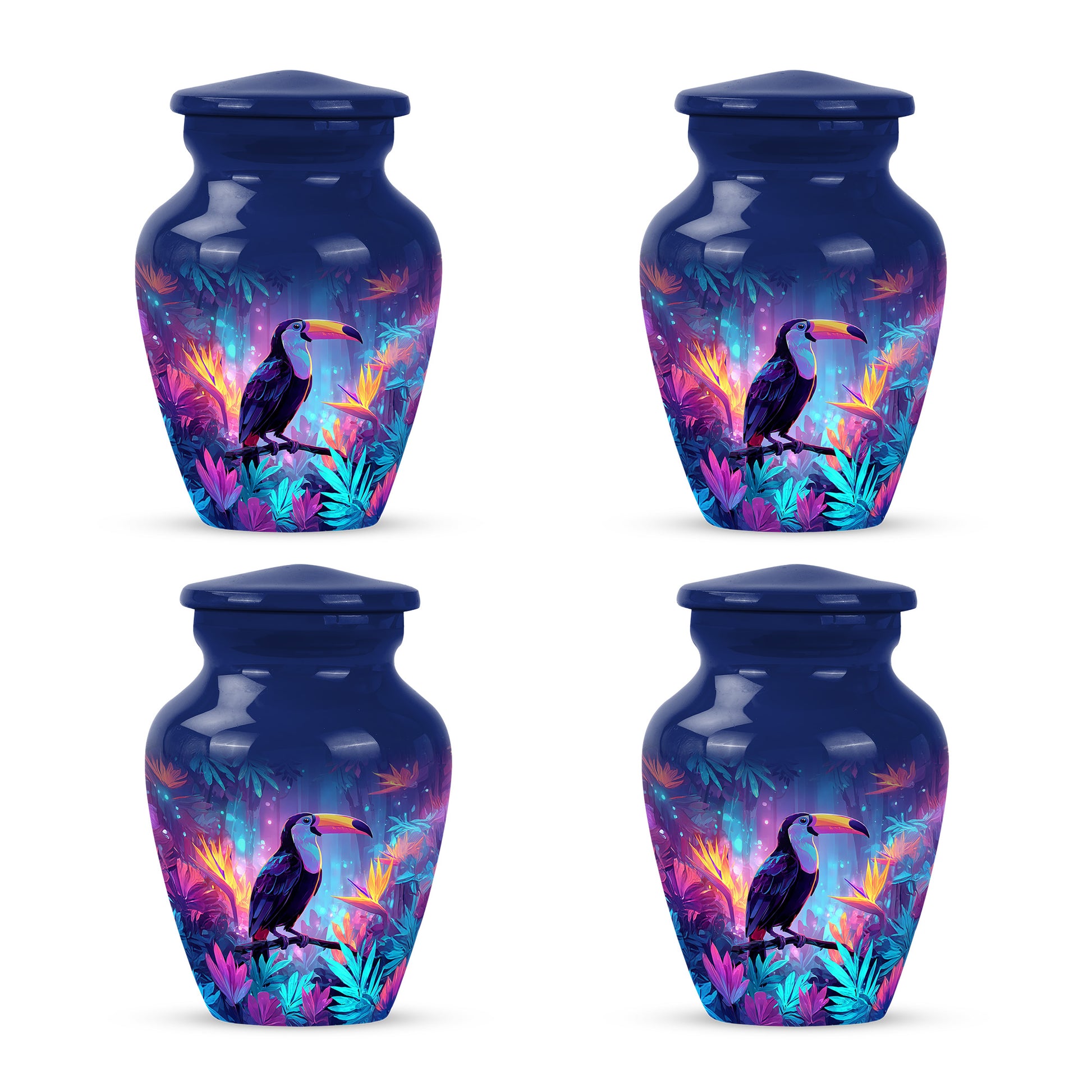 Navy Blue Hornbill Cremation Urn side profile showing urn shape - timeless hornbill motif etched into premium metal - 10 inch aluminum urn for cremated remains