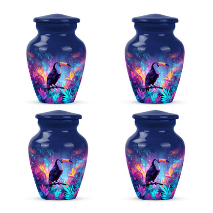 Navy Blue Hornbill Cremation Urn side profile showing urn shape - timeless hornbill motif etched into premium metal - 10 inch aluminum urn for cremated remains