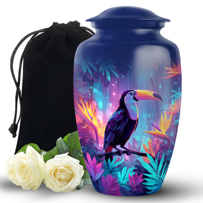 Steel Blue Hornbill Cremation Urn angled view of lid and engraved motif - elegant classic hornbill relief with fine detailing - full-size 10 inch 200 cubic inch adult cremation urn
