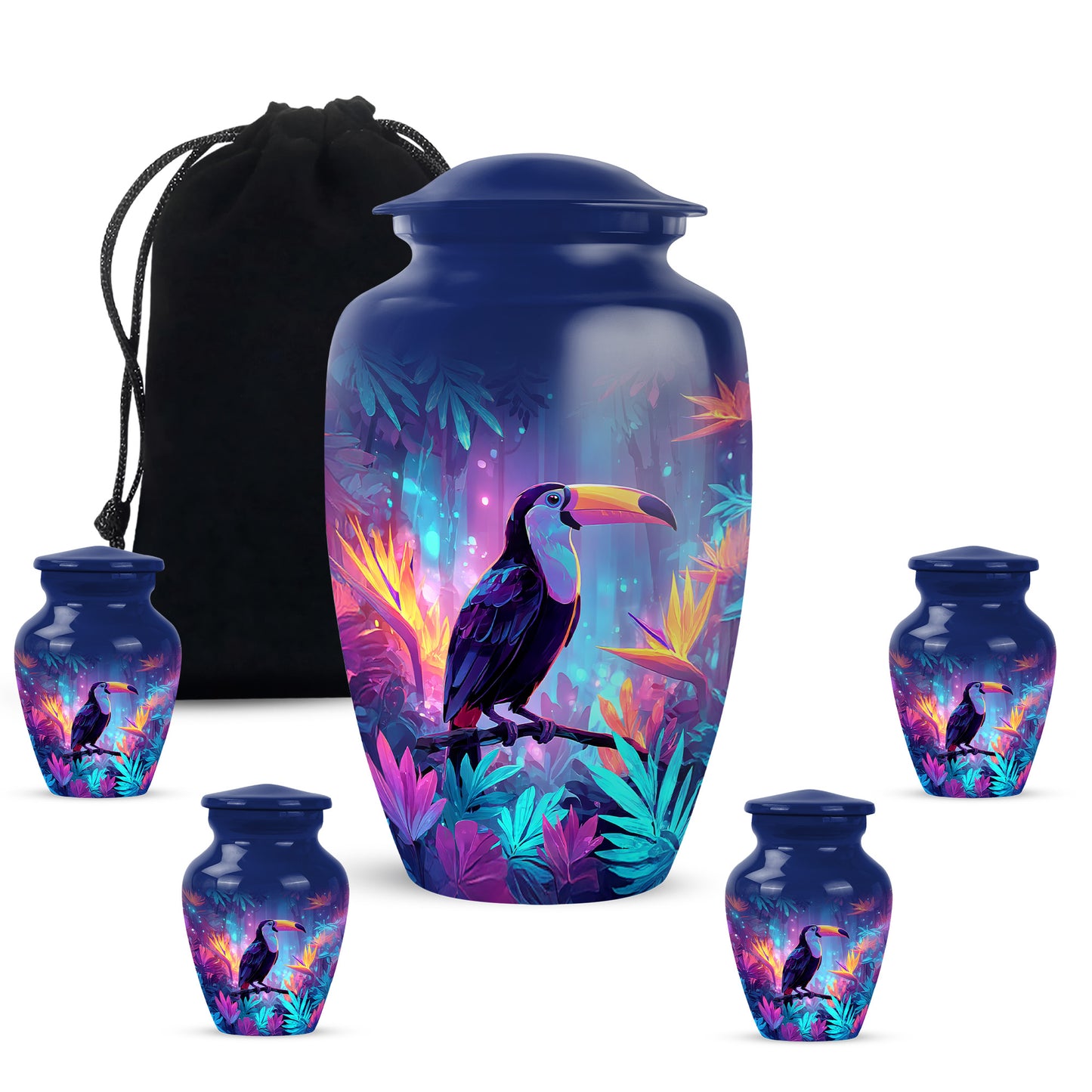 Misty Blue Hornbill Cremation Urn top-down view of secure threaded lid - classic sculpted hornbill pattern on smooth aluminum - memorial set with one large and four small urns