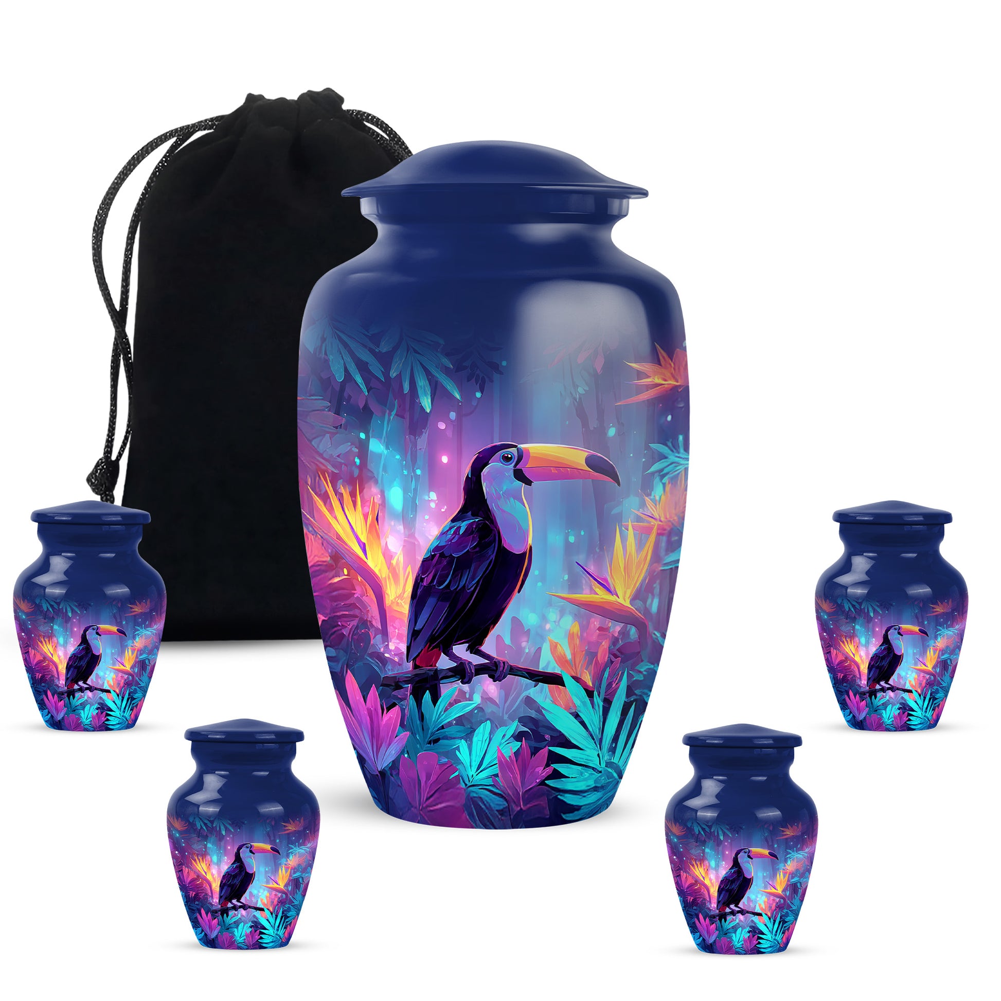 Misty Blue Hornbill Cremation Urn top-down view of secure threaded lid - classic sculpted hornbill pattern on smooth aluminum - memorial set with one large and four small urns