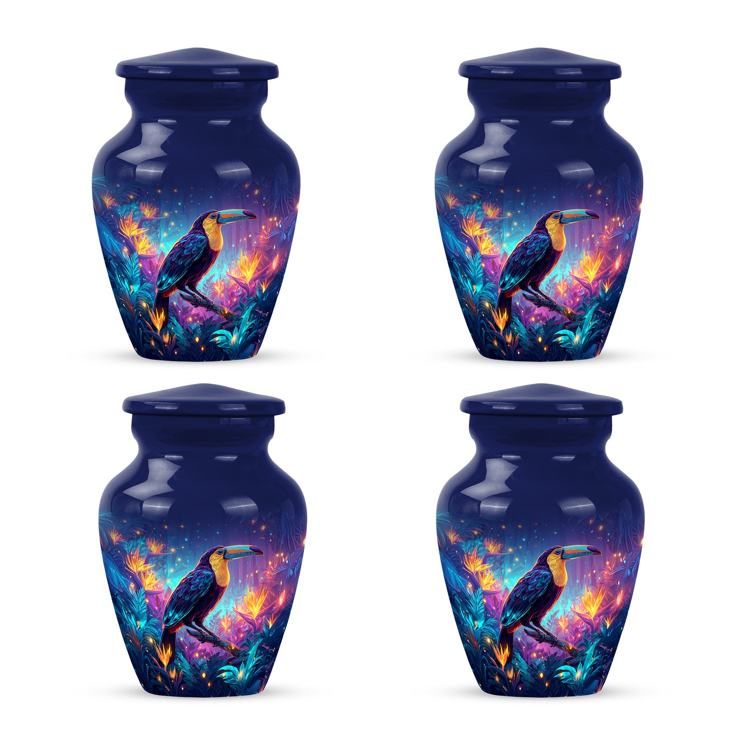 Vivid Blue Hornbill Cremation Urn side profile showing urn shape - elegant classic hornbill relief with fine detailing - 10 inch aluminum urn for cremated remains