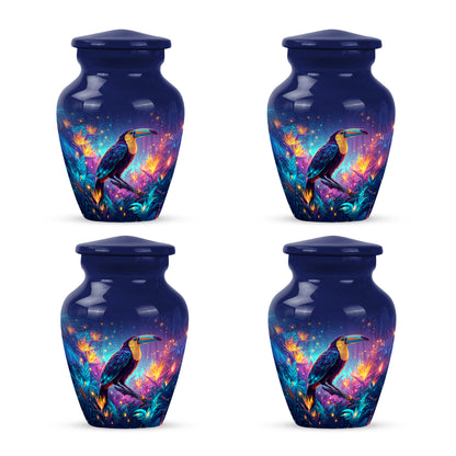 Vivid Blue Hornbill Cremation Urn side profile showing urn shape - elegant classic hornbill relief with fine detailing - 10 inch aluminum urn for cremated remains