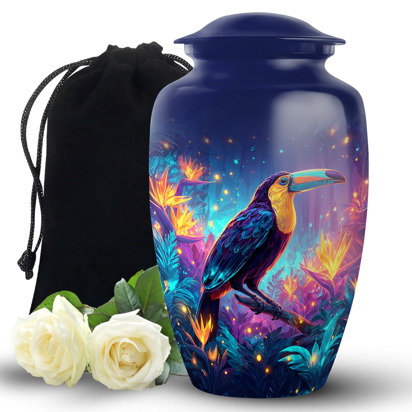 Twilight Blue Hornbill Cremation Urn angled view of lid and engraved motif - elegant classic hornbill relief with fine detailing - full-size 10 inch 200 cubic inch adult cremation urn