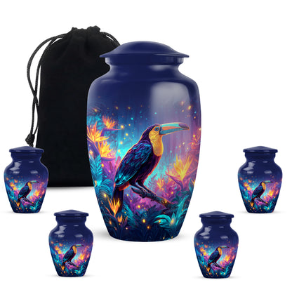 Cobalt Blue Hornbill Cremation Urn top-down view of secure threaded lid - traditional hornbill engraving with hand-polished finish - memorial set with one large and four small urns
