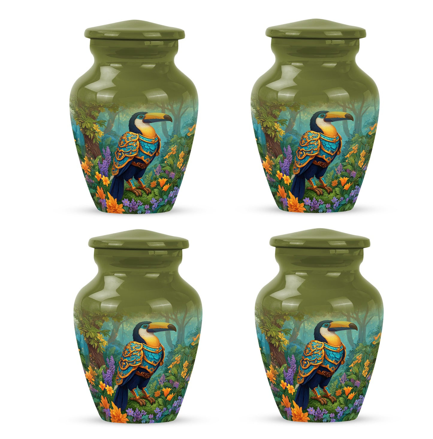 Harvest Yellow Hornbill Cremation Urn side profile showing urn shape - timeless hornbill motif etched into premium metal - 10 inch aluminum urn for cremated remains