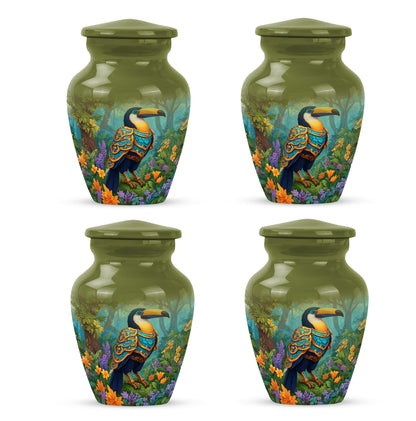 Harvest Yellow Hornbill Cremation Urn side profile showing urn shape - timeless hornbill motif etched into premium metal - 10 inch aluminum urn for cremated remains