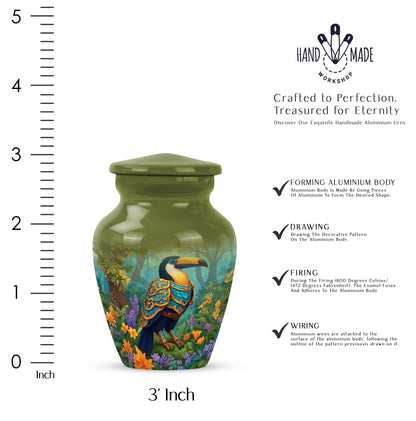 Harvest Yellow Hornbill Cremation Urn close-up of engraving and surface detail - classic sculpted hornbill pattern on smooth aluminum - mini keepsake memorial for portion of cremation ashes