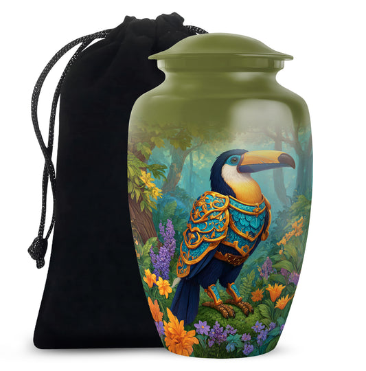 Sunshine Yellow Hornbill Cremation Urn angled view of lid and engraved motif - traditional hornbill engraving with hand-polished finish - full-size 10 inch 200 cubic inch adult cremation urn