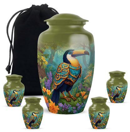 Harvest Yellow Hornbill Cremation Urn top-down view of secure threaded lid - timeless hornbill motif etched into premium metal - memorial set with one large and four small urns
