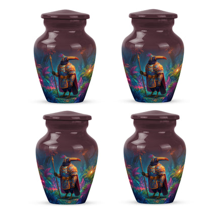 Blush Pink Hornbill Cremation Urn side profile showing urn shape - classic sculpted hornbill pattern on smooth aluminum - 10 inch aluminum urn for cremated remains