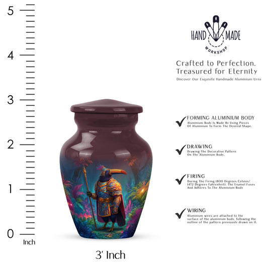 Blush Pink Hornbill Cremation Urn close-up of engraving and surface detail - classic sculpted hornbill pattern on smooth aluminum - mini keepsake memorial for portion of cremation ashes
