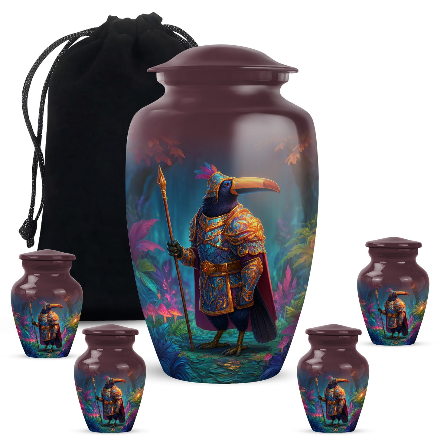 Salmon Pink Hornbill Cremation Urn top-down view of secure threaded lid - traditional hornbill engraving with hand-polished finish - memorial set with one large and four small urns