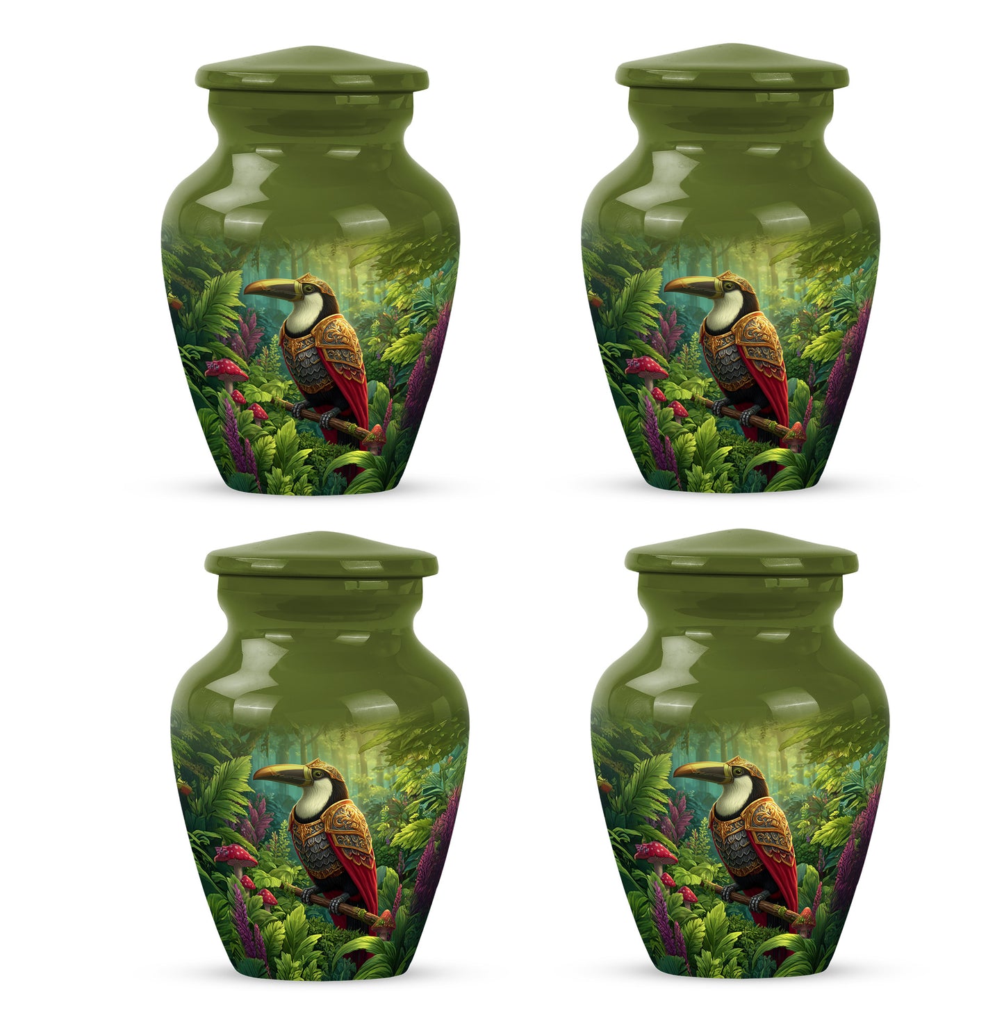 Marigold Yellow Hornbill Cremation Urn side profile showing urn shape - traditional hornbill engraving with hand-polished finish - 10 inch aluminum urn for cremated remains