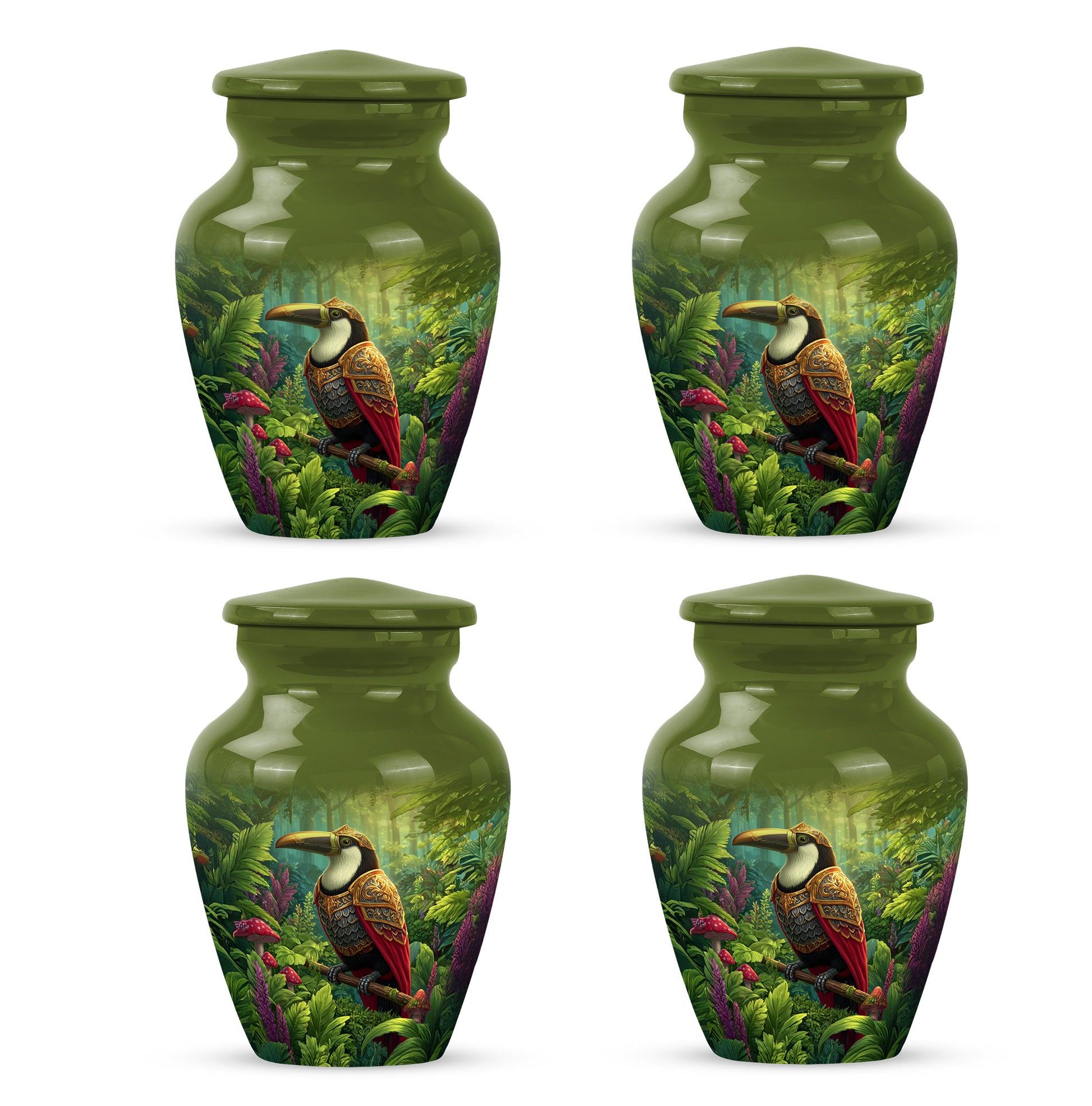 Marigold Yellow Hornbill Cremation Urn side profile showing urn shape - traditional hornbill engraving with hand-polished finish - 10 inch aluminum urn for cremated remains