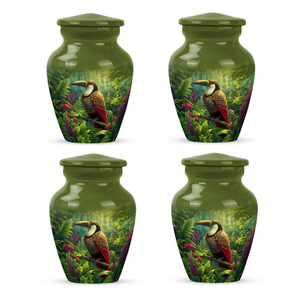 Marigold Yellow Hornbill Cremation Urn side profile showing urn shape - traditional hornbill engraving with hand-polished finish - 10 inch aluminum urn for cremated remains
