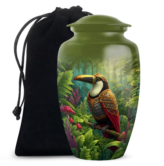 Warm Yellow Hornbill Cremation Urn angled view of lid and engraved motif - timeless hornbill motif etched into premium metal - full-size 10 inch 200 cubic inch adult cremation urn