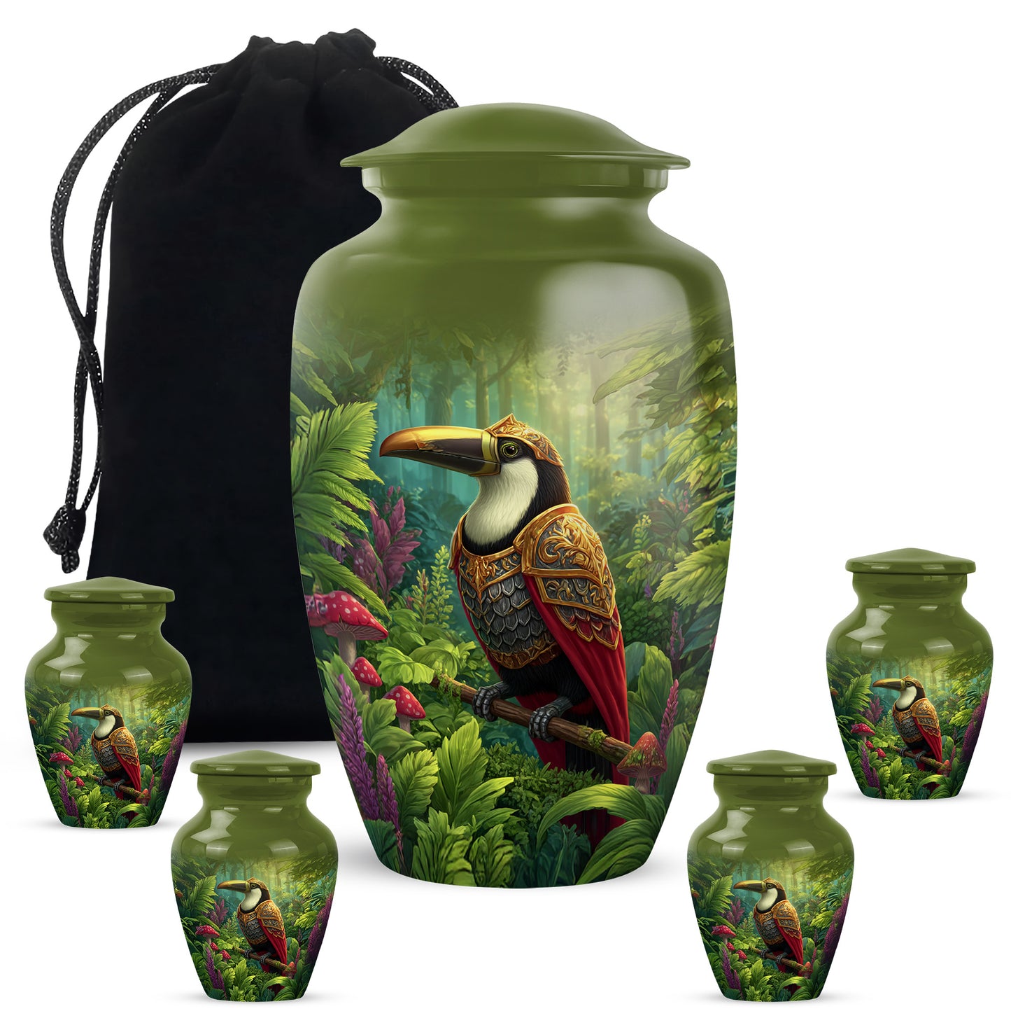Soft Yellow Hornbill Cremation Urn top-down view of secure threaded lid - elegant classic hornbill relief with fine detailing - memorial set with one large and four small urns