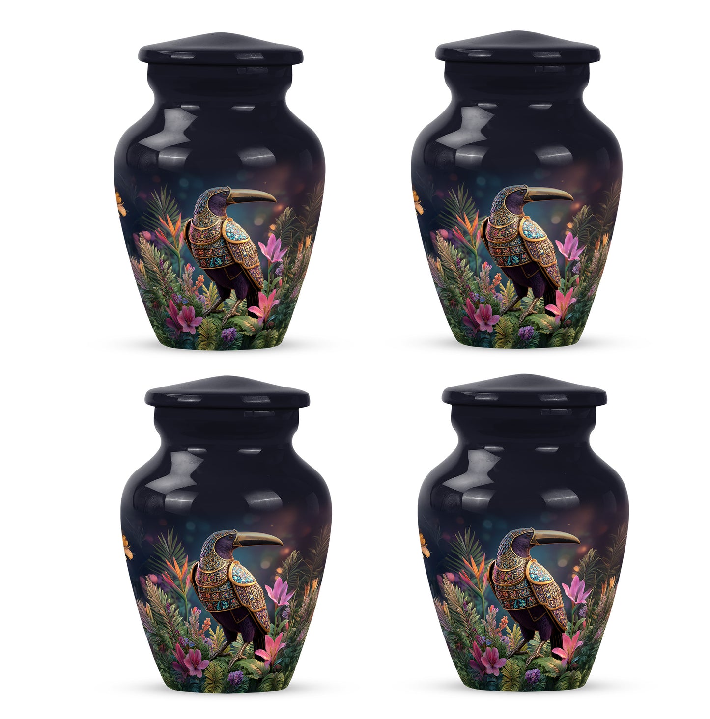 Midnight Black Hornbill Cremation Urn side profile showing urn shape - traditional hornbill engraving with hand-polished finish - 10 inch aluminum urn for cremated remains