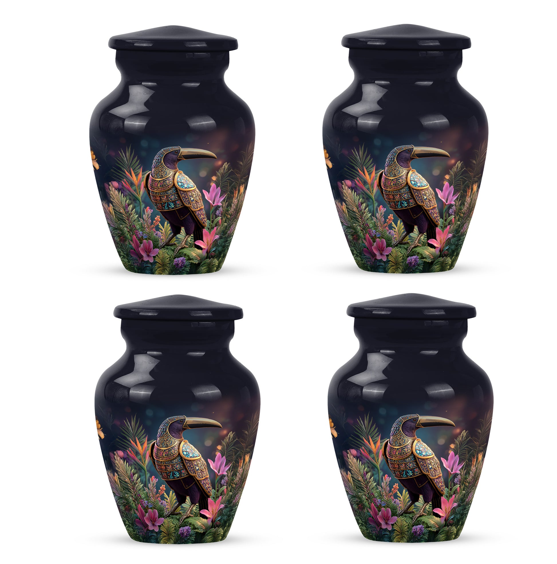 Midnight Black Hornbill Cremation Urn side profile showing urn shape - traditional hornbill engraving with hand-polished finish - 10 inch aluminum urn for cremated remains