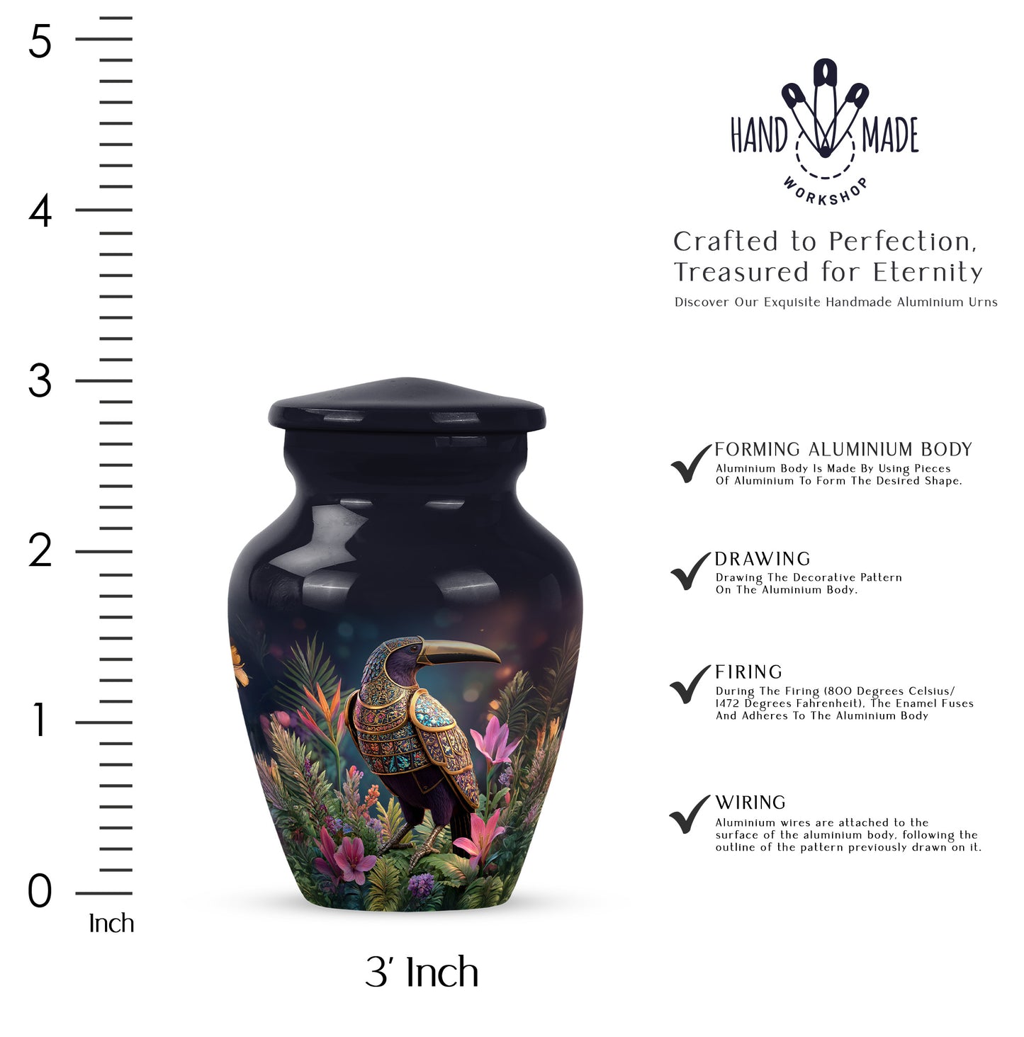 Onyx Black Hornbill Cremation Urn close-up of engraving and surface detail - traditional hornbill engraving with hand-polished finish - mini keepsake memorial for portion of cremation ashes