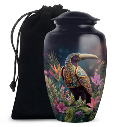 Dark Black Hornbill Cremation Urn angled view of lid and engraved motif - elegant classic hornbill relief with fine detailing - full-size 10 inch 200 cubic inch adult cremation urn