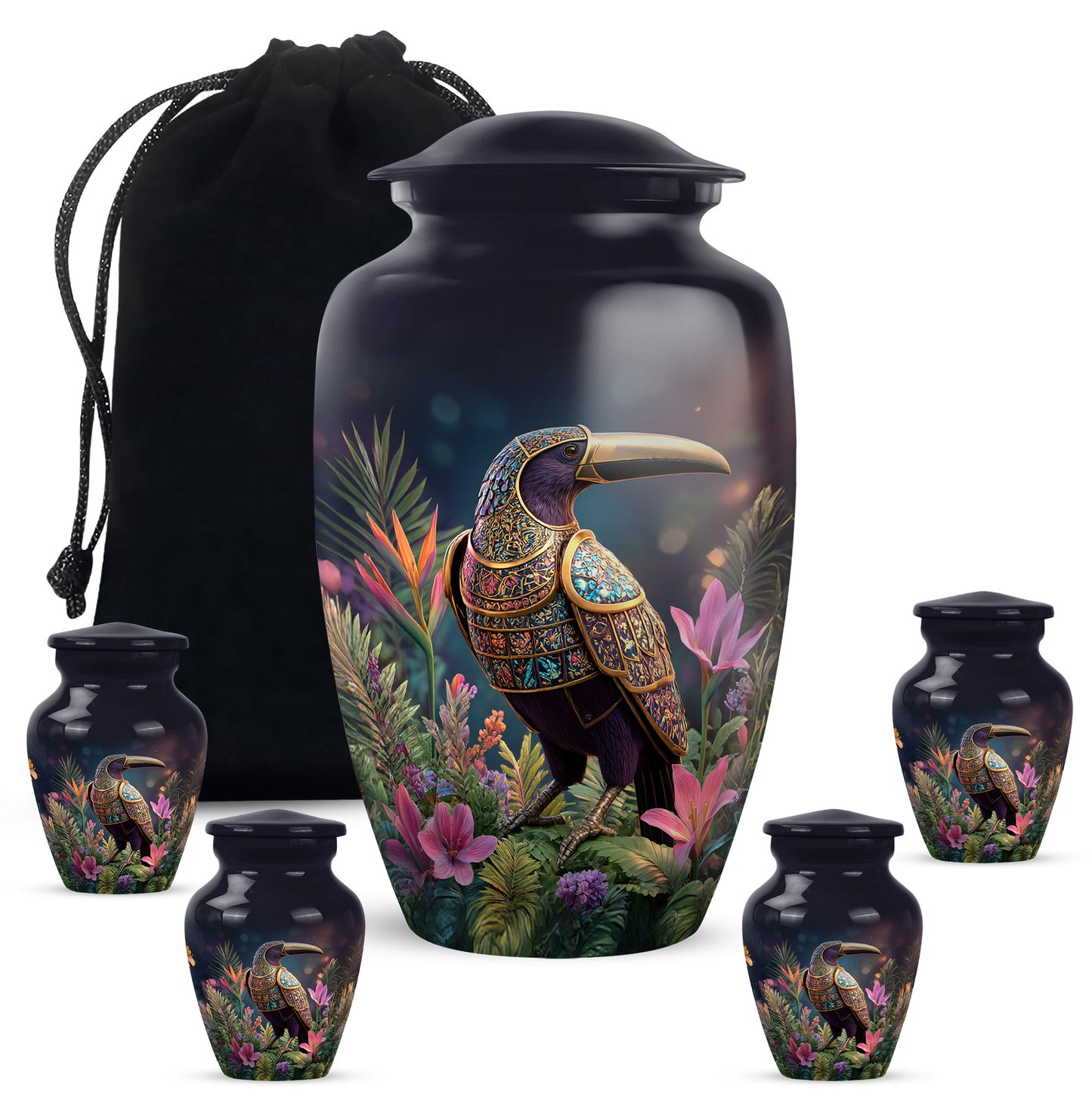 Glossy Black Hornbill Cremation Urn top-down view of secure threaded lid - classic sculpted hornbill pattern on smooth aluminum - memorial set with one large and four small urns