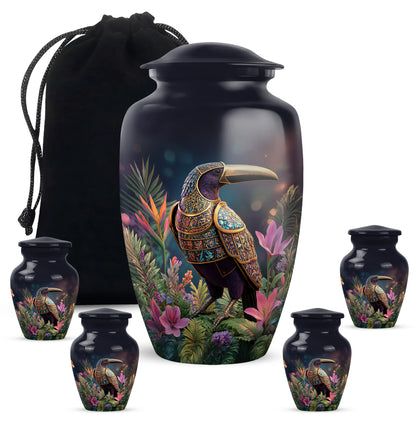Glossy Black Hornbill Cremation Urn top-down view of secure threaded lid - classic sculpted hornbill pattern on smooth aluminum - memorial set with one large and four small urns