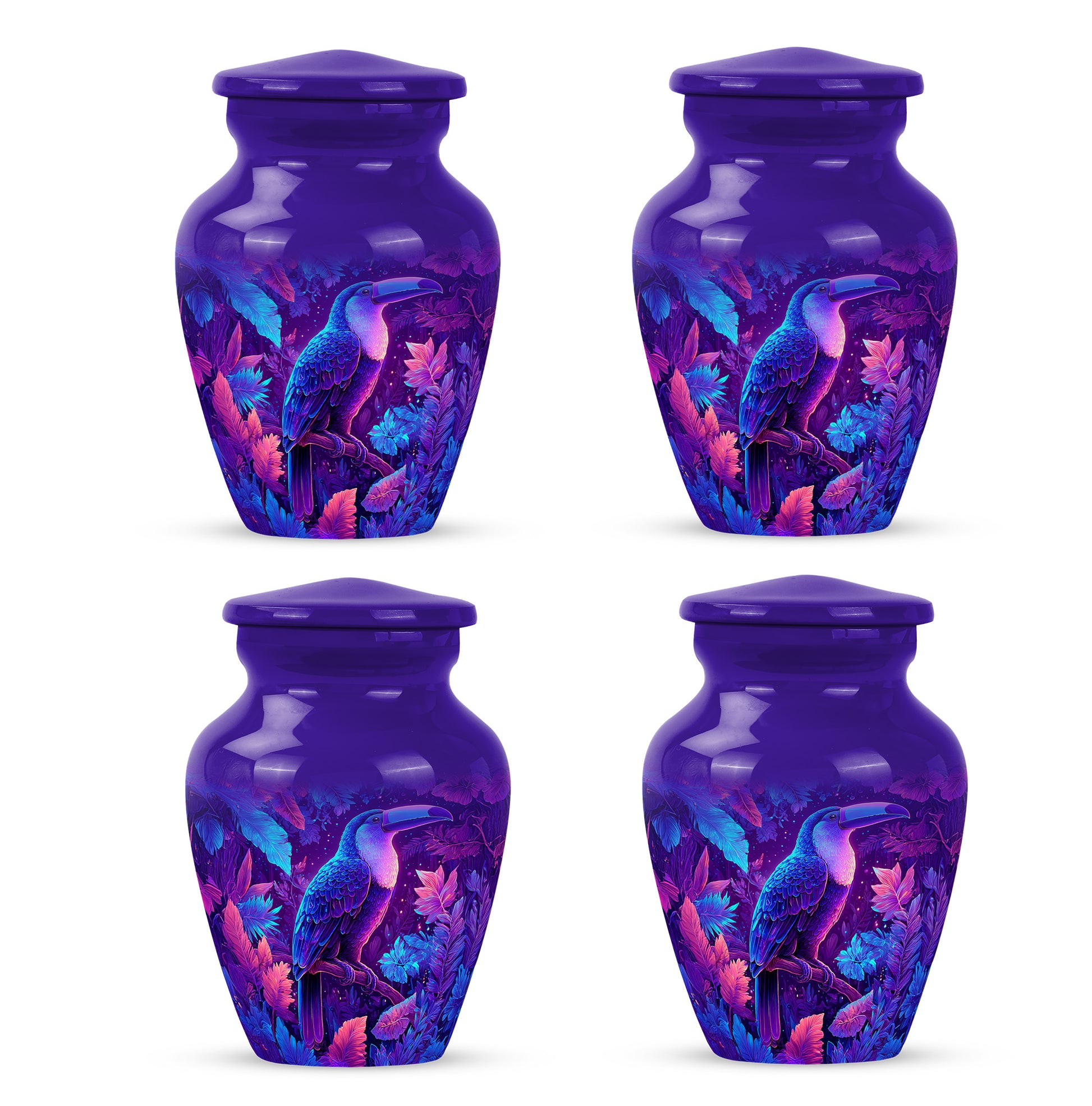 Twilight Blue Hornbill Cremation Urn side profile showing urn shape - traditional hornbill engraving with hand-polished finish - 10 inch aluminum urn for cremated remains