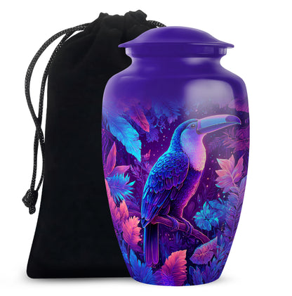 Cornflower Blue Hornbill Cremation Urn angled view of lid and engraved motif - elegant classic hornbill relief with fine detailing - full-size 10 inch 200 cubic inch adult cremation urn