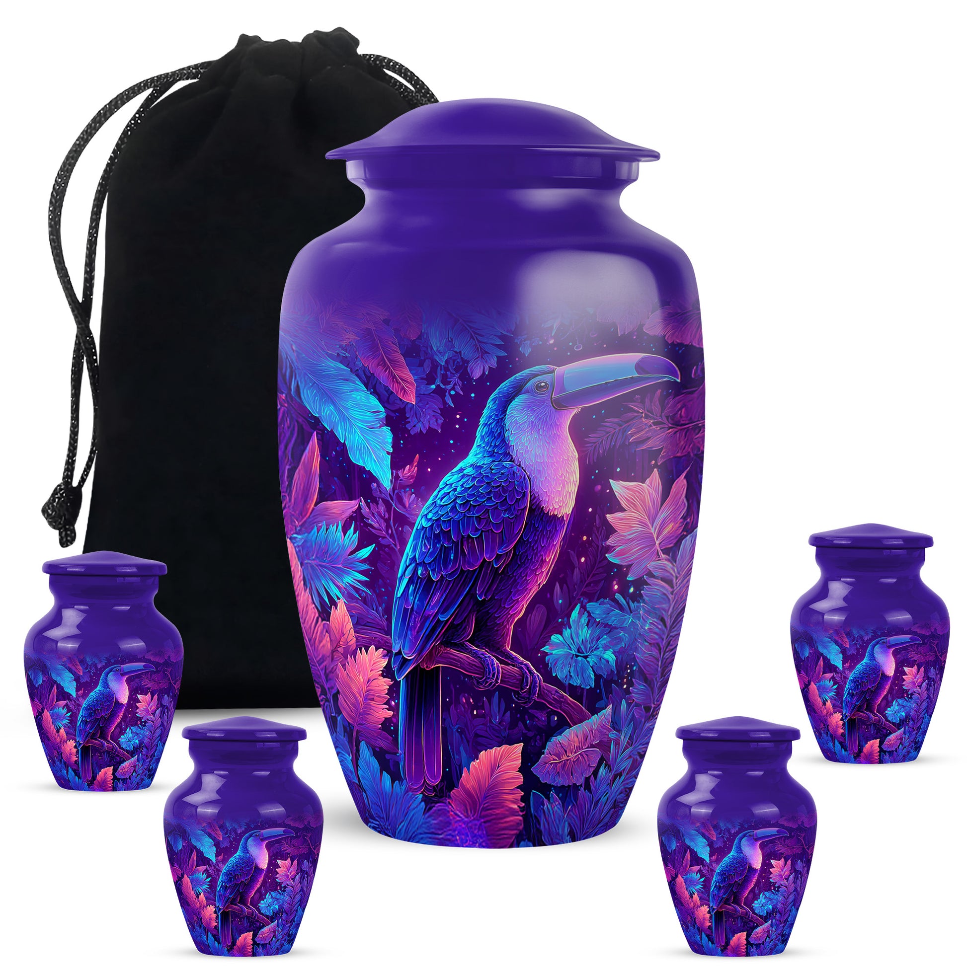 Celestial Blue Hornbill Cremation Urn top-down view of secure threaded lid - timeless hornbill motif etched into premium metal - memorial set with one large and four small urns