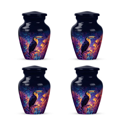 Azure Hornbill Cremation Urn side profile showing urn shape - timeless hornbill motif etched into premium metal - 10 inch aluminum urn for cremated remains