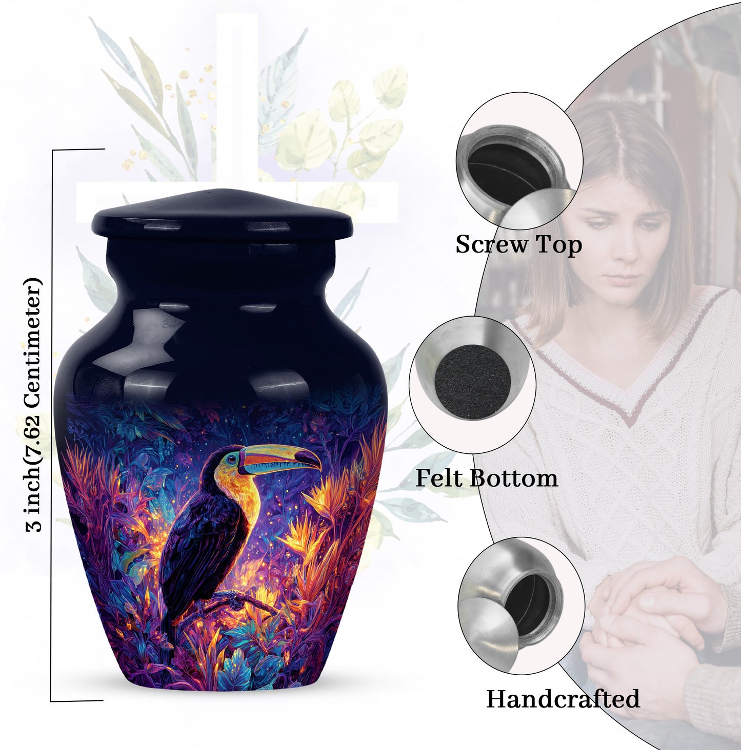 Soft Blue Hornbill Cremation Urn close-up of engraving and surface detail - elegant classic hornbill relief with fine detailing - mini keepsake memorial for portion of cremation ashes