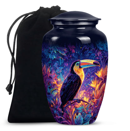 Dusty Blue Hornbill Cremation Urn angled view of lid and engraved motif - classic sculpted hornbill pattern on smooth aluminum - full-size 10 inch 200 cubic inch adult cremation urn