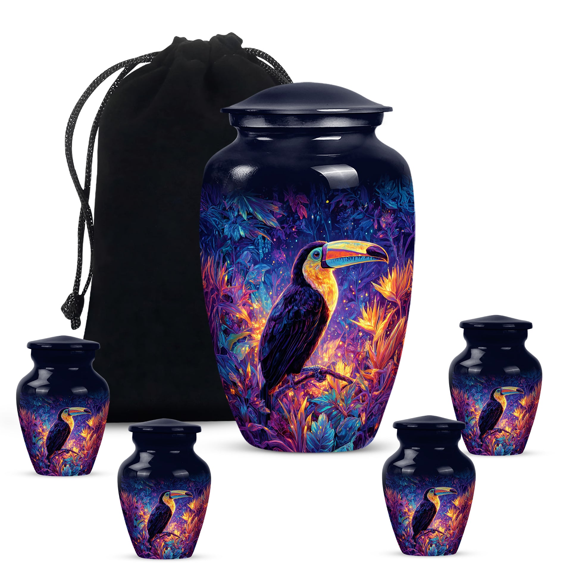Cornflower Blue Hornbill Cremation Urn top-down view of secure threaded lid - elegant classic hornbill relief with fine detailing - memorial set with one large and four small urns