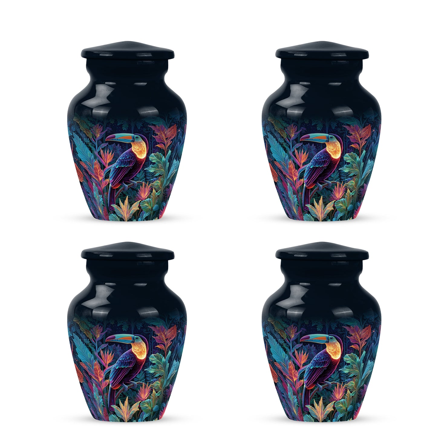 Powder Blue Hornbill Cremation Urn side profile showing urn shape - timeless hornbill motif etched into premium metal - 10 inch aluminum urn for cremated remains