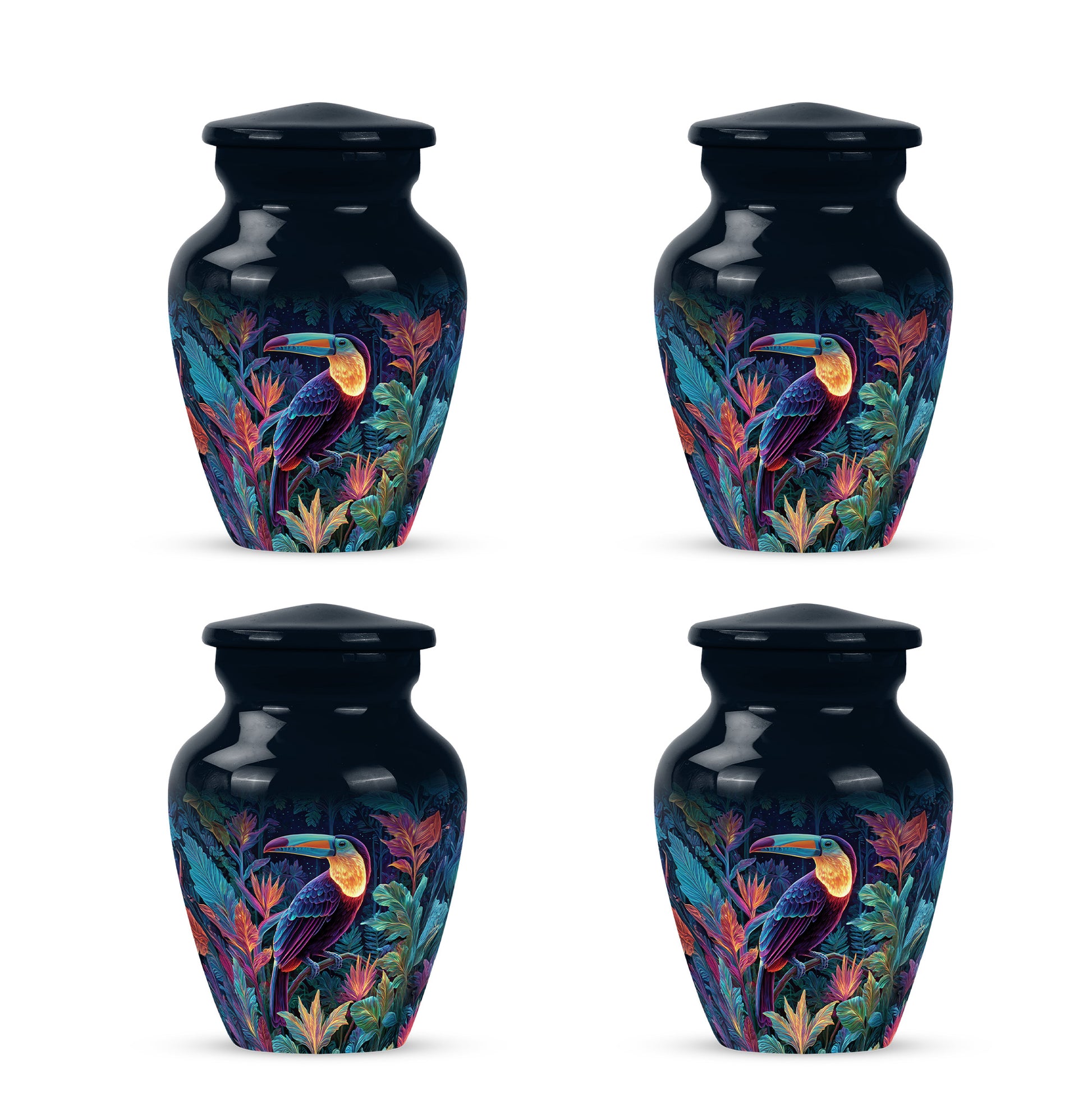 Powder Blue Hornbill Cremation Urn side profile showing urn shape - timeless hornbill motif etched into premium metal - 10 inch aluminum urn for cremated remains