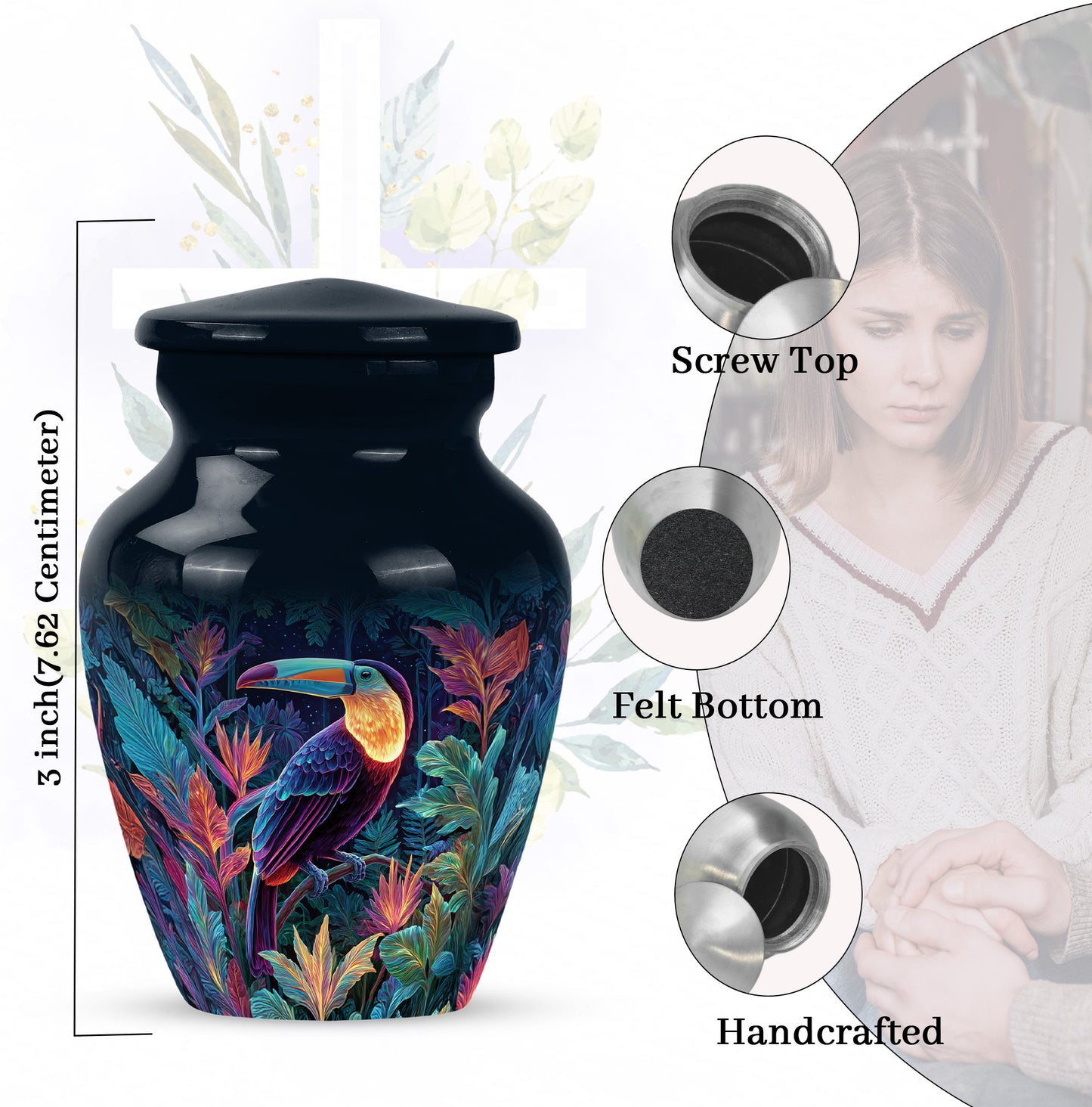 Misty Blue Hornbill Cremation Urn close-up of engraving and surface detail - timeless hornbill motif etched into premium metal - mini keepsake memorial for portion of cremation ashes