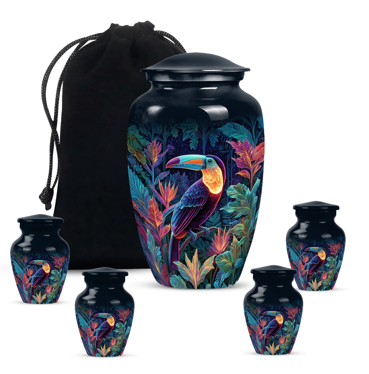 Dusty Blue Hornbill Cremation Urn top-down view of secure threaded lid - timeless hornbill motif etched into premium metal - memorial set with one large and four small urns
