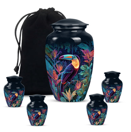 Dusty Blue Hornbill Cremation Urn top-down view of secure threaded lid - timeless hornbill motif etched into premium metal - memorial set with one large and four small urns