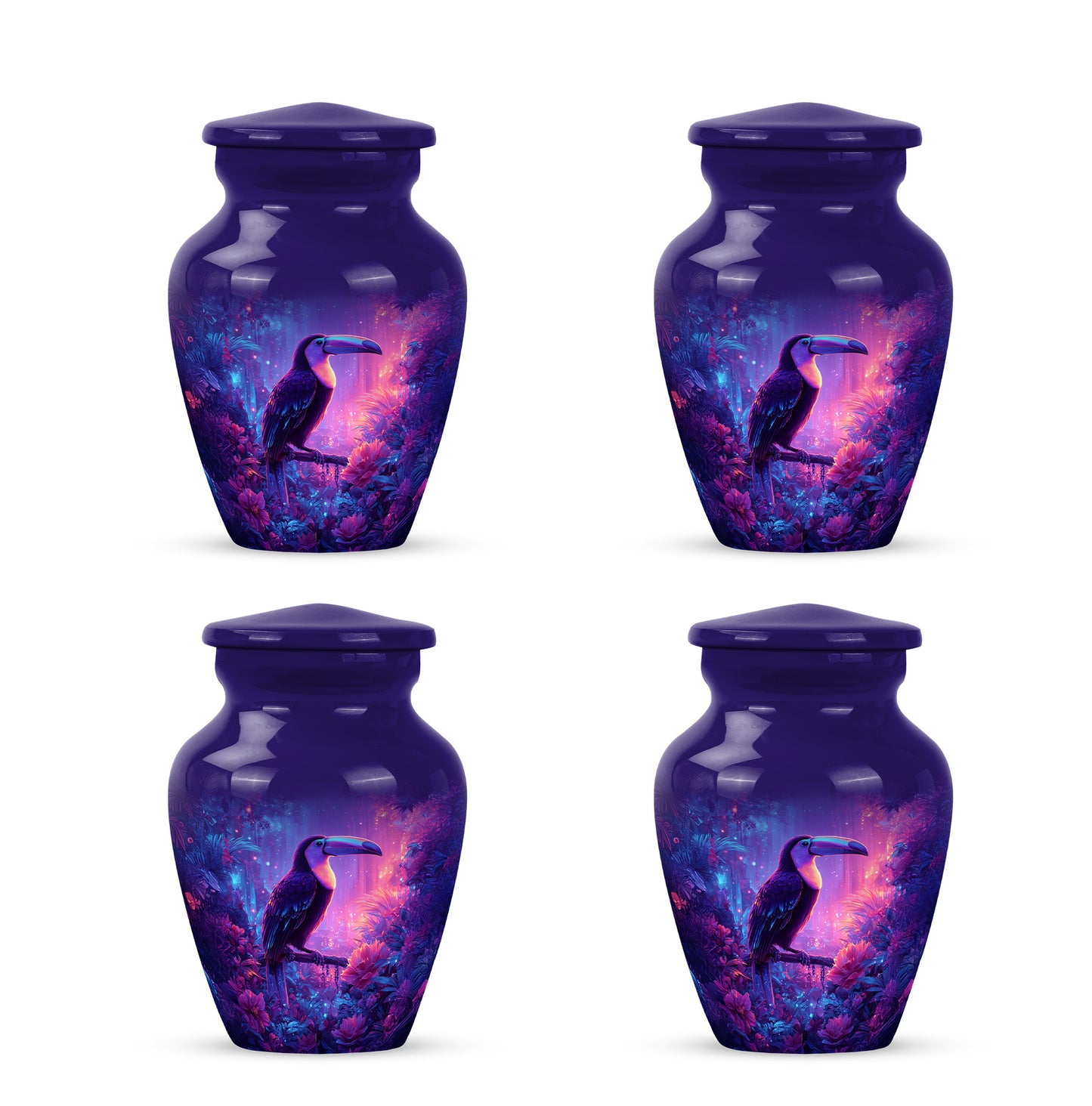 Vivid Blue Hornbill Cremation Urn side profile showing urn shape - elegant classic hornbill relief with fine detailing - 10 inch aluminum urn for cremated remains