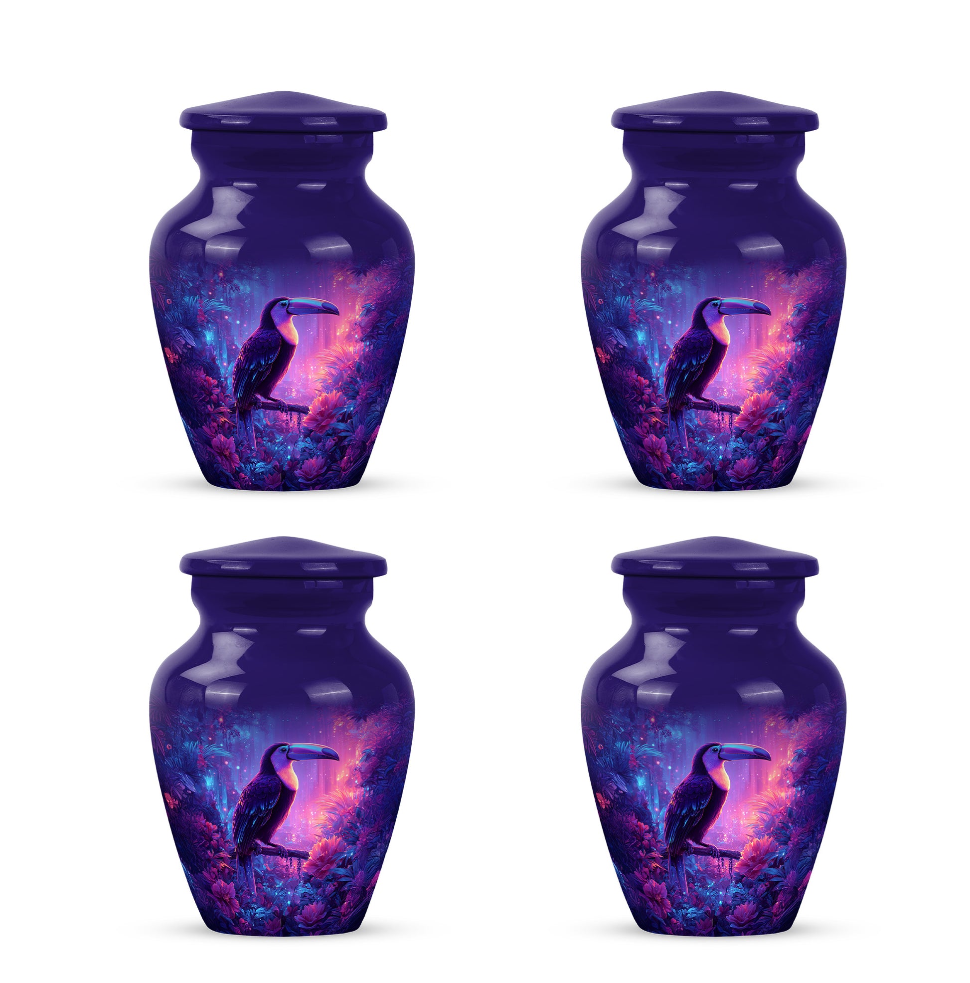 Vivid Blue Hornbill Cremation Urn side profile showing urn shape - elegant classic hornbill relief with fine detailing - 10 inch aluminum urn for cremated remains