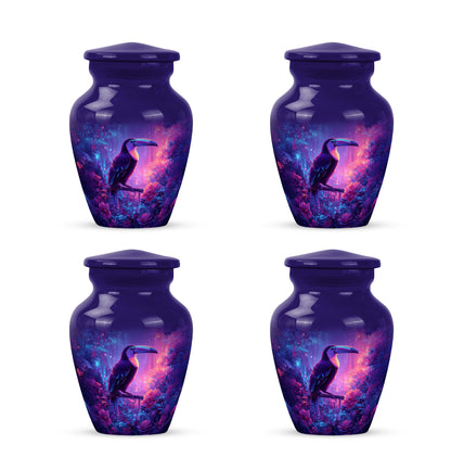 Vivid Blue Hornbill Cremation Urn side profile showing urn shape - elegant classic hornbill relief with fine detailing - 10 inch aluminum urn for cremated remains