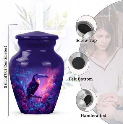 Misty Blue Hornbill Cremation Urn close-up of engraving and surface detail - classic sculpted hornbill pattern on smooth aluminum - mini keepsake memorial for portion of cremation ashes