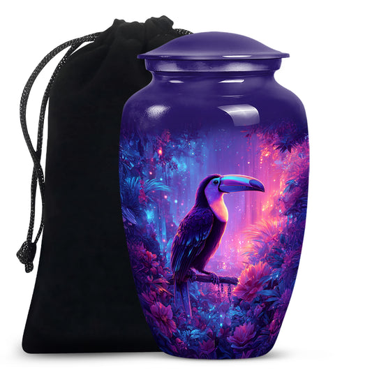 Cornflower Blue Hornbill Cremation Urn angled view of lid and engraved motif - traditional hornbill engraving with hand-polished finish - full-size 10 inch 200 cubic inch adult cremation urn