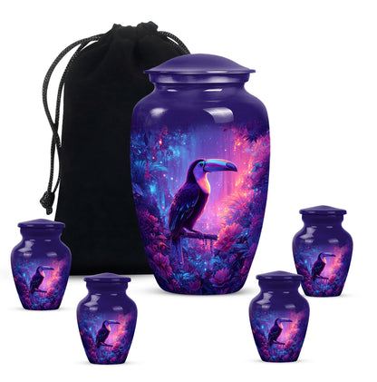 Bright Blue Hornbill Cremation Urn top-down view of secure threaded lid - traditional hornbill engraving with hand-polished finish - memorial set with one large and four small urns